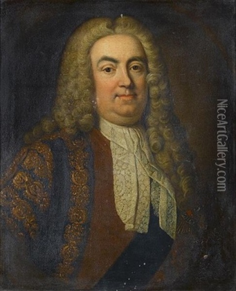 Portrait Of Sir Robert Walpole, 1st Earl Of Orford, Bust-length, In Brown Brocade Robes, A Dark Blue Sash And The Badge Of The Order Of The Garter And A White Lace Jabot In A Pai Oil Painting - Jean-Baptiste van Loo