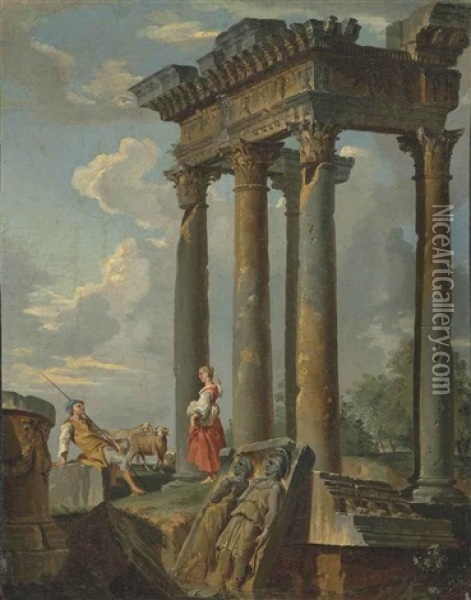 A Capriccio Of Classical Ruins With A Shepherd And A Shepherdess Oil Painting - Giovanni Paolo Panini