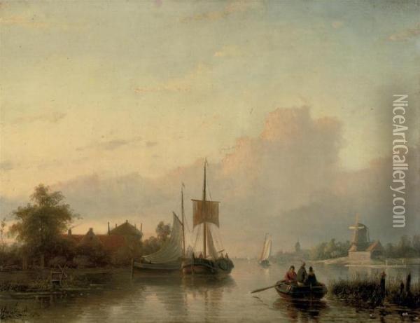 A Summer Landscape With Sailing Vessels And A Rowing Boat Oil Painting - Jan Jacob Coenraad Spohler
