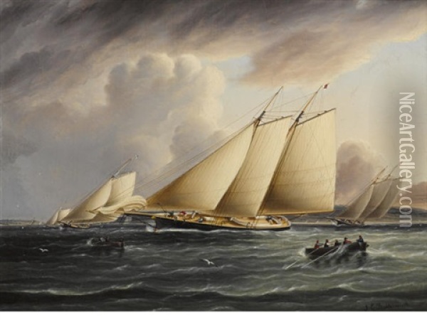 Schooners From The New York Yacht Club Racing In The Narrows Oil Painting - James Edward Buttersworth