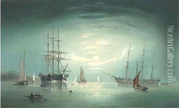 Merchant vessels anchored offshore in the moonlight Oil Painting - William Daniel Penny