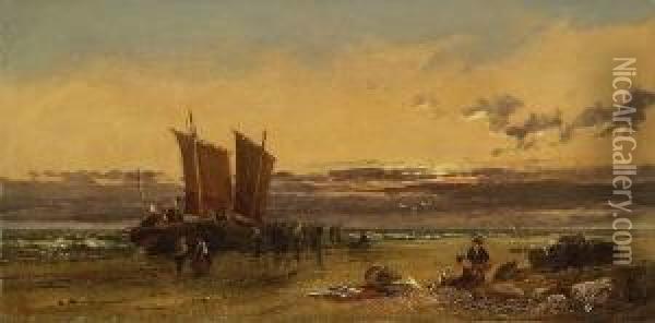 Fischer Mit Ihren Booten Am
 Strand. Oil Painting - Arthur Joseph Meadows