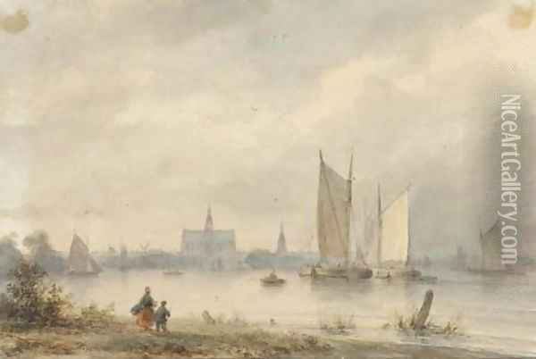 View of Haarlem across the Spaarne with the St. Bavo church in the distance Oil Painting - Lodewijk Johannes Kleijn