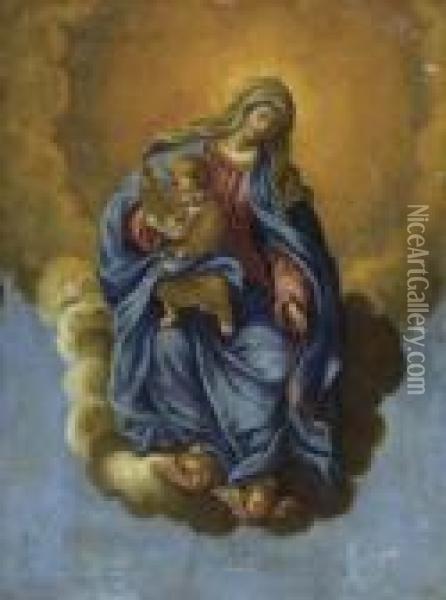 Heilige Maria Mit Kind Auf Wolke Mit 2 Puttenkopfen. Oil Painting - Ciro Ferri