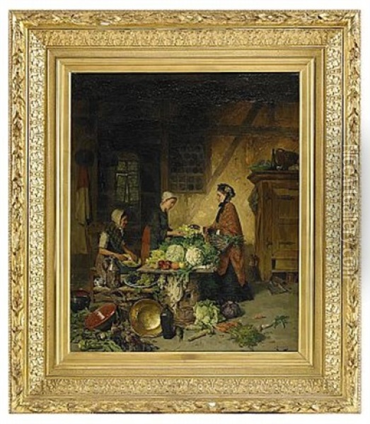 Interior Med Kvinnor Vid Koksbord Oil Painting - August Jernberg
