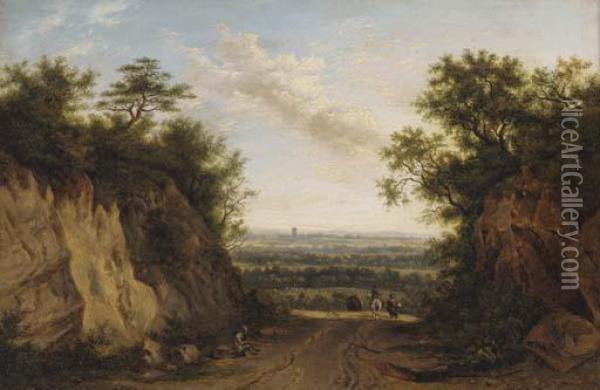 Figures On A Path In An Extensive Landscape Oil Painting - Patrick, Peter Nasmyth