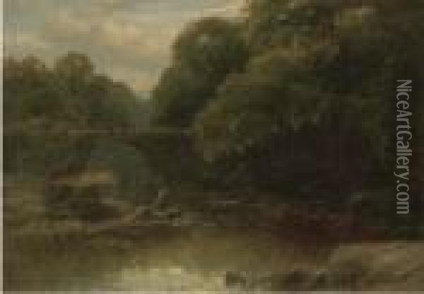 An Angler In A Rocky River With A Bridge Beyond Oil Painting - James Burrell-Smith