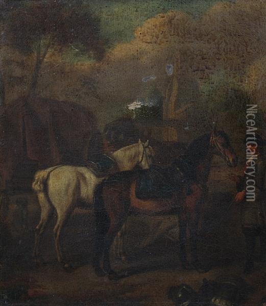 A Gentleman With Bay And White Horses Before A Church Oil Painting - John Wootton