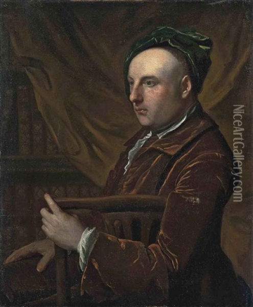 Portrait Of A Gentleman, Seated, In A Rust Coat And Green Cap, In A Library Oil Painting - Thomas Gibson