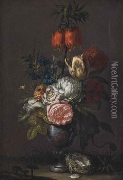 A Rose, A Parrot Tulip And Other Flowers In A Sculpted, In A Landscape With A Nest Oil Painting - Jean Louis Prevost