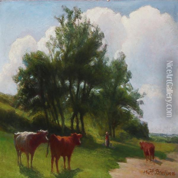 Grazing Cows In A Hilly Landscape Oil Painting - Hans Ole Brasen