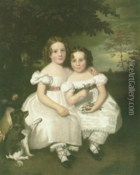 Sybilla Mackenzie Kirkland And Margaret Dorore (?) Kirkland In A Wooded Glade With Their Pet Dog Oil Painting - John (Gilbert) Graham
