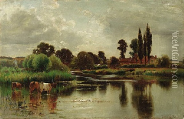 Landscape With Fisherman And Cattle Watering Oil Painting - Ernest Parton