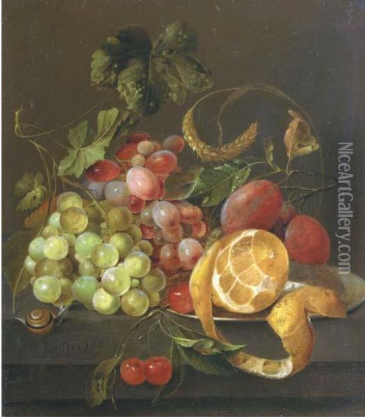 A Partly Peeled Orange On A 
Pewter Platter With Grapes, Plums,cherries And A Snail, On A Stone Ledge Oil Painting - Jan Davidsz De Heem