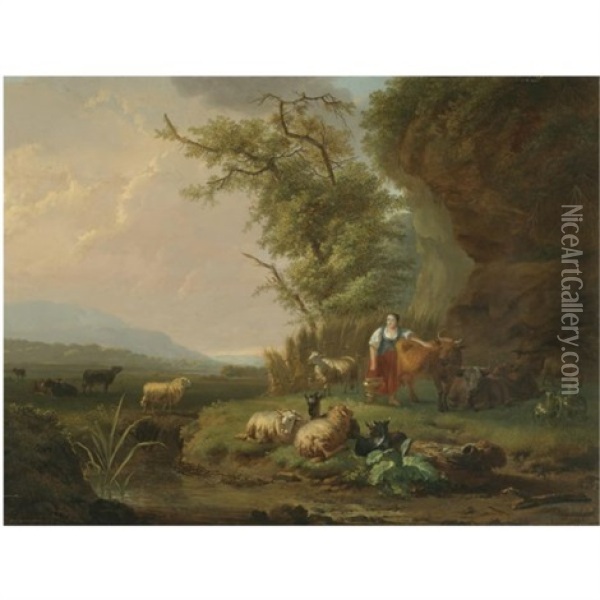 A Landscape At Sunset With A Milkmaid And Her Herd In The Foreground Oil Painting - Balthasar Paul Ommeganck