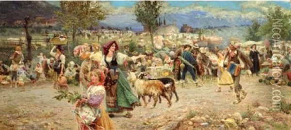 The Village Procession Oil Painting - Cesare Tiratelli
