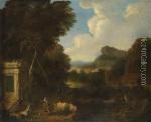 A Wide Mountainous Landscape With Amonument And Figures Oil Painting - Gaspard Dughet Poussin