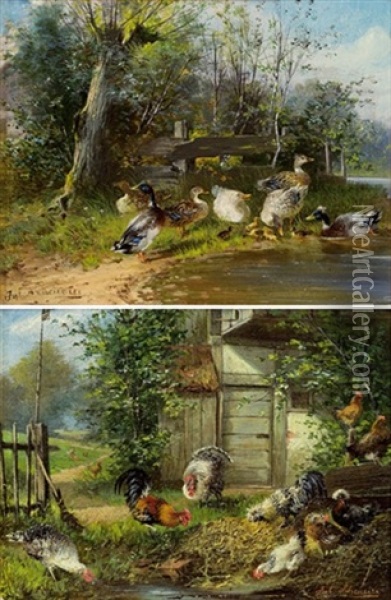 Pendants - Huhner Und Enten (+another; 2 Works) Oil Painting - Julius Scheuerer