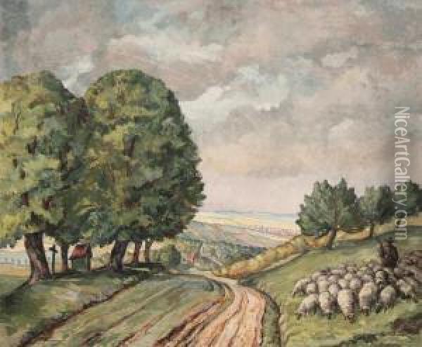 Schafsherde Am Wegesrand Oil Painting - Albert Theer