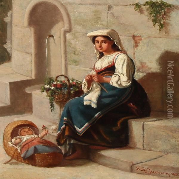 An Italian Woman At A Fountain Oil Painting - David Jacobsen