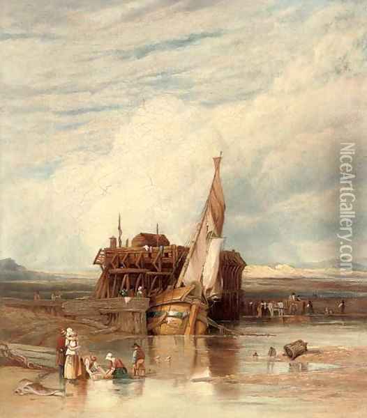 A boat moored with figures in the foreground, Fort Rouge, Calais Oil Painting - William Clarkson Stanfield