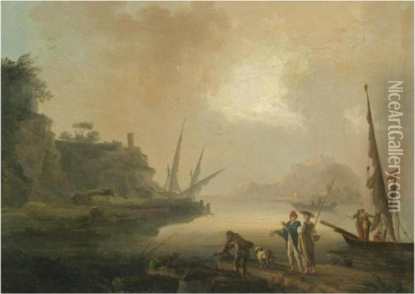 A Mediterranean Coastal Scene With Fishermen Unloading Their Catchin The Foreground Oil Painting - Claude-joseph Vernet