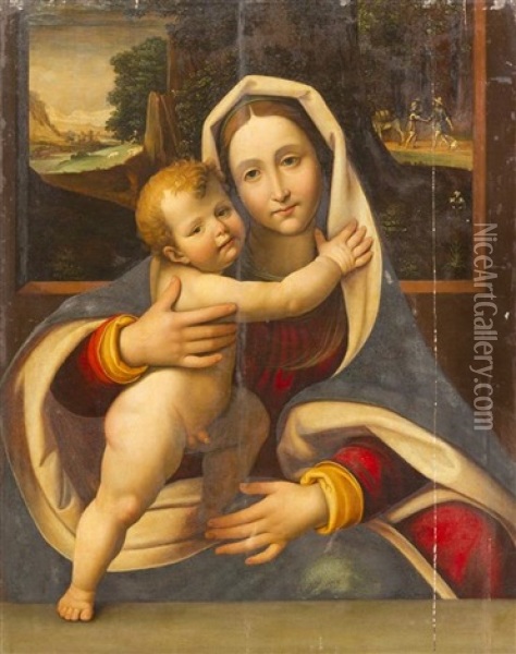 Madonna And Child With Travelers In A Landscape Oil Painting - Andrea Solario