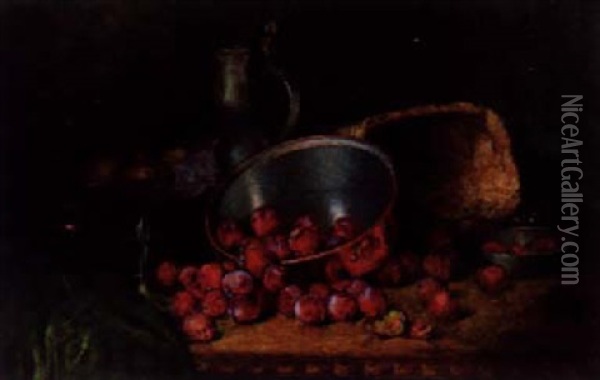 Plums, Apples, A Basket, A Copper Saucepan, And A Pewter Teapot On A Table Oil Painting - August Herrmann Allgau