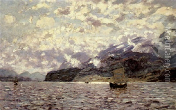 Norwegischer Fjord Mit Booten Oil Painting - Adelsteen Normann