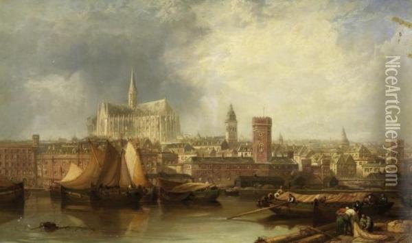 View Of Cologne With Incomplete Dome Oil Painting - James Webb
