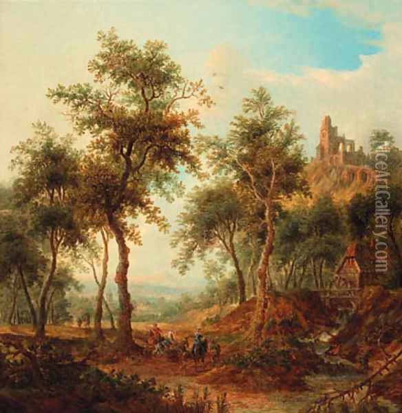 A wooded landscape with a hunting party by a stream, a ruined castle on a hill beyond Oil Painting - Christian Georg Schuttz II