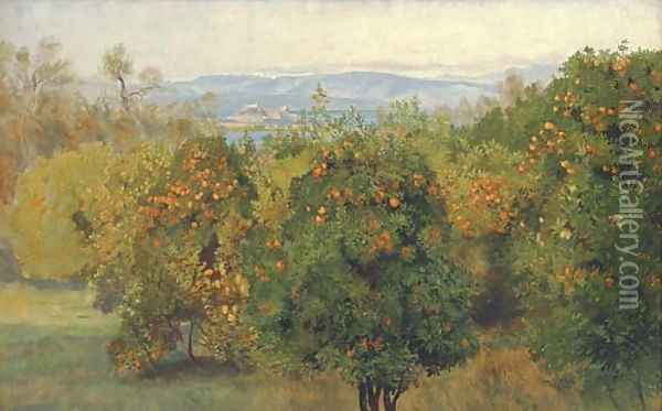 View of The Citadel, Corfu, with an orange grove in the foreground Oil Painting - Edward Lear