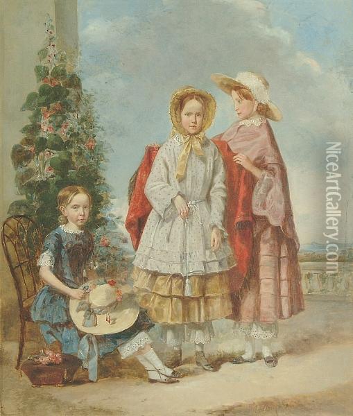 A Portrait Of Three Girls On An Italianate Balcony Oil Painting - E. Ursula Handley