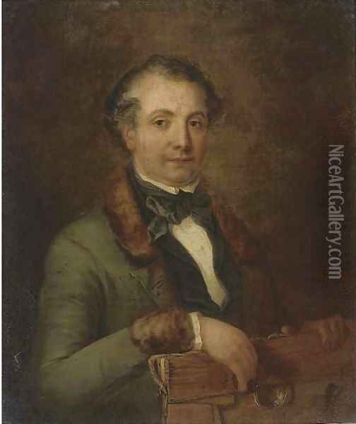 Portrait of a gentleman, traditionally identified as a member of the Holden family, half-length, holding an unframed canvas and quizzing glass Oil Painting - Frederick Lee Bridell