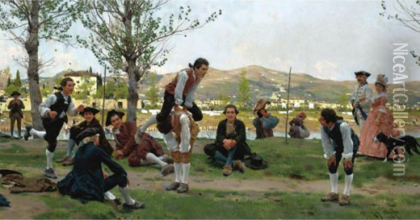 Saltarello Cavallucio (a Game Of Leapfrog) Oil Painting - Raffaelo Sorbi
