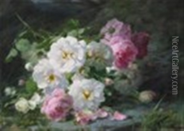 Still Life Of Roses On A Forest Floor Oil Painting - Andre Perrachon