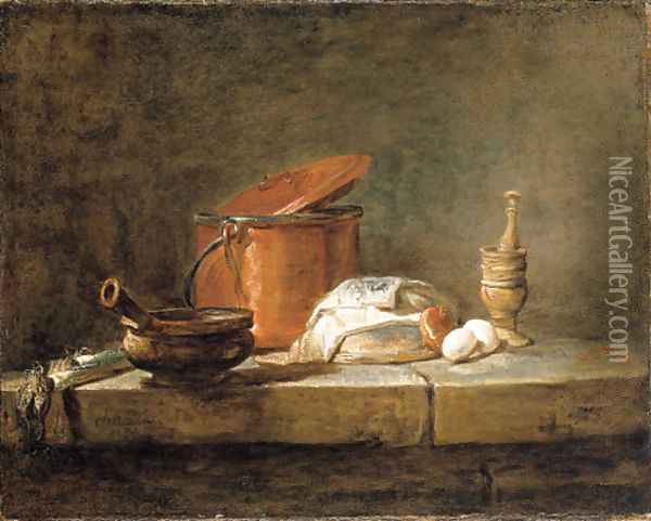Leeks, a casserole with a cloth, a copper pot and cover, an onion and eggs with a pestle and mortar, on a stone ledge Oil Painting - Jean-Baptiste-Simeon Chardin
