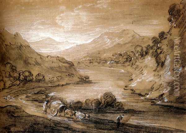Mountainous Landscape With Cart And Figures Oil Painting - Thomas Gainsborough