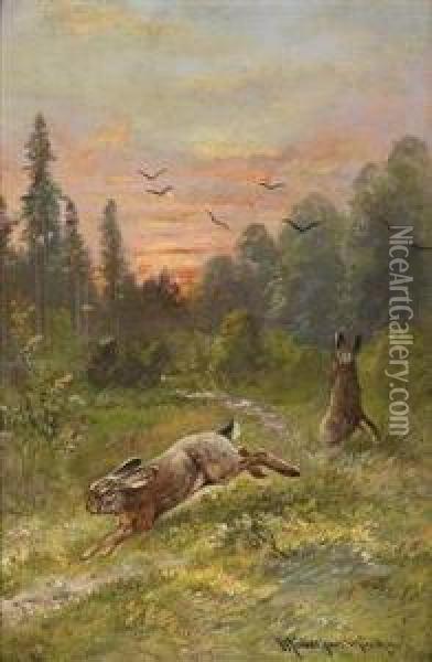 Hares In A Forest Glade Oil Painting - Moritz Muller