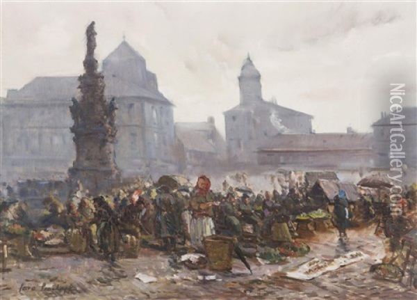 Market On The Square In Kladno Oil Painting - Iaro Prochazka