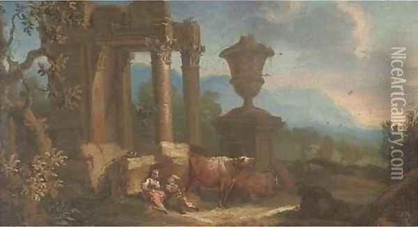Drovers and their cattle resting by classical ruins Oil Painting - Giuseppe Zais