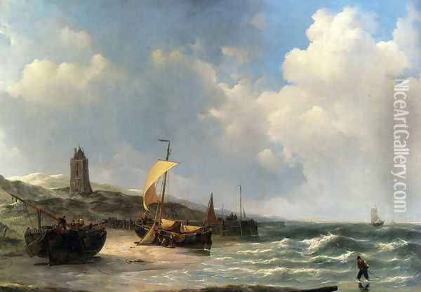 Fishing Boats At Low Tide Oil Painting - Jan Christianus Schotel