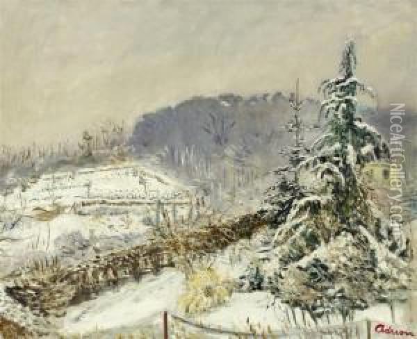 Winter Landcape With Fir Tree Oil Painting - Lucien Adrion