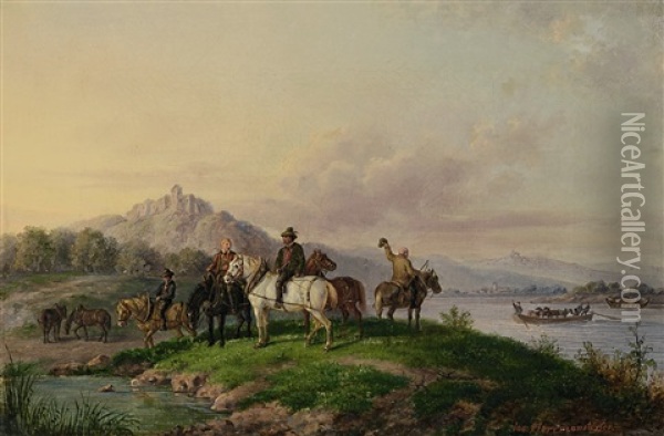 Am Flussufer Wartende Treidler Oil Painting - Josef Hermannstoerfer