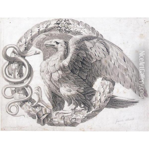 An Ornamental Design With An Eagle And A Snake Within A Crown Of Laurel Leaves Oil Painting - Giacomo Albertolli