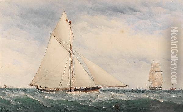A Big Cutter Racing Off The South Coast Oil Painting - Charles, Taylor Snr.