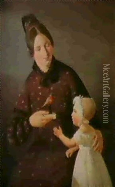 Mor, Der Viser Sin Lille Pige En Fugl Oil Painting - Jorgen Roed
