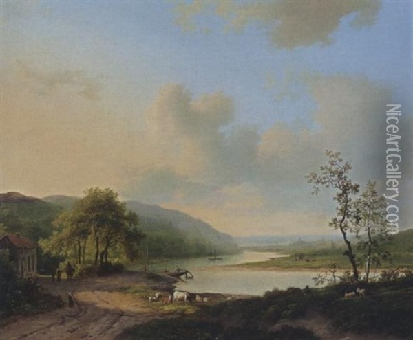 An Extensive River Landscape Oil Painting - Marinus Adrianus Koekkoek