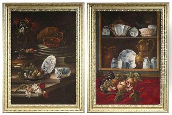 Glasschrank Mit Chinesischem Porzellan, Fruchten Und Anderen Gegenstanden (+ Another, Similar; Pair) Oil Painting - Cristoforo Munari