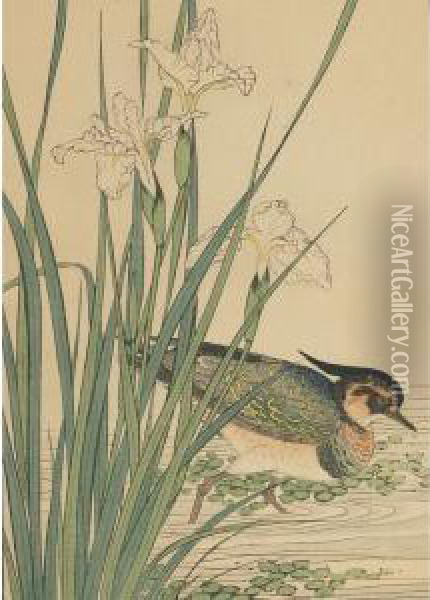 Crested Wading Bird And Iris Oil Painting - Imao Keinen